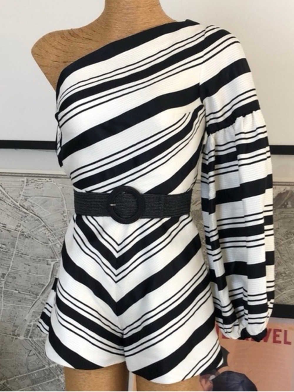 Alexis Crop One-Shoulder Striped Top with Waist Tie in Black & White